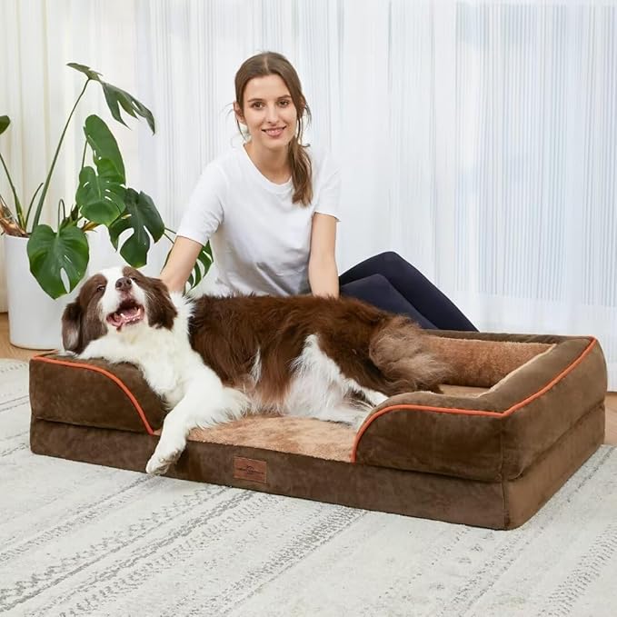 Comfort Expression Orthopedic Dog Bed for Extra Large Dogs 53x42 Inch, Waterproof Supportive Egg Crate Foam XXL Pet Bed with Removable Bolsters, Dog Couch with Washable Cover & Non-Slip Bottom, Brown