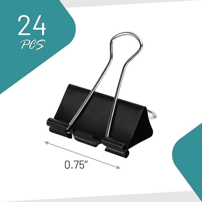 Binder Clips - 24 Small Binder Clips, 0.75 Inch Black Paper Clamps, File Clip for Home, Office and School Supplies