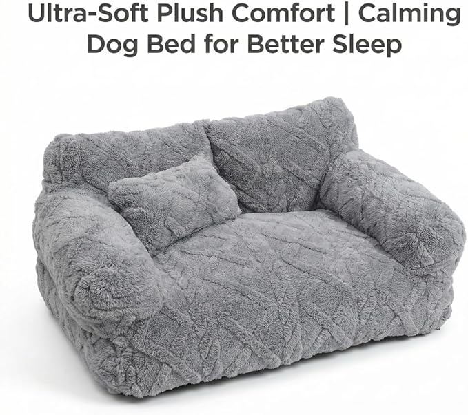 Plush Calming Pet Sofa Bed, Raised Rim, Removable Cover & Non-Slip Bottom for Cats & Dogs, Calming Dog Bed Fluffy Plush Dog Mat for Furniture Protector with Removable Washable Cover (Khaki, Medium)