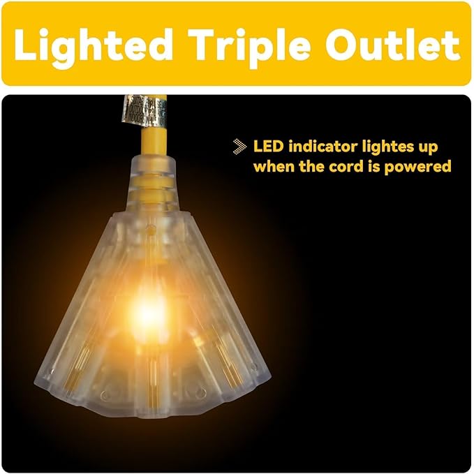 EP 10 Ft 12 Gauge Heavy Duty Extension Cord, 15A 125V 1875W, 3 Outlet Indoor/Outdoor Power Cord with Lighted End, 12/3 SJTW Weatherproof Yellow, UL Listed