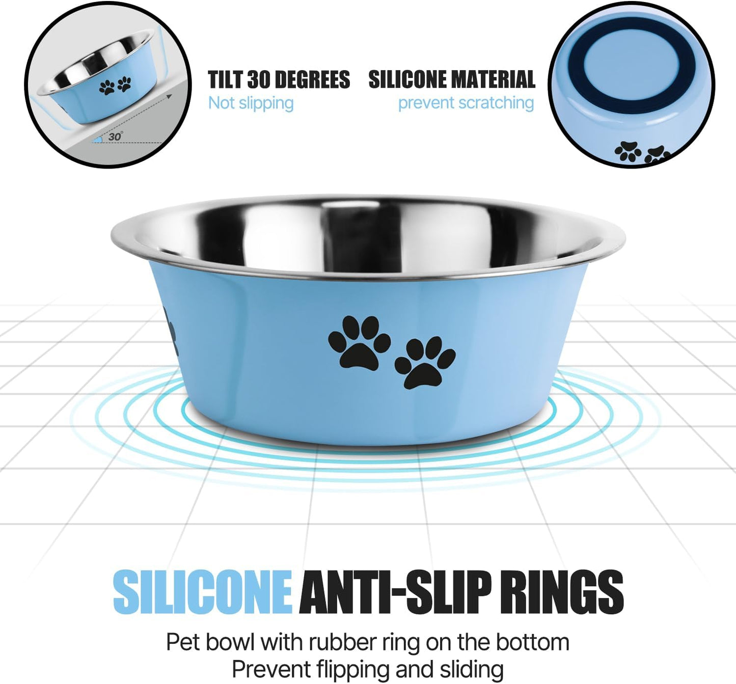 Stainless Steel Dog Bowls, Nonslip Rubber Bottom No Spill Proof Skid Metal Insulated Dog Bowls for Large Medium Small Breed Dogs (Blue, 8.5 Cups/71 OZ)