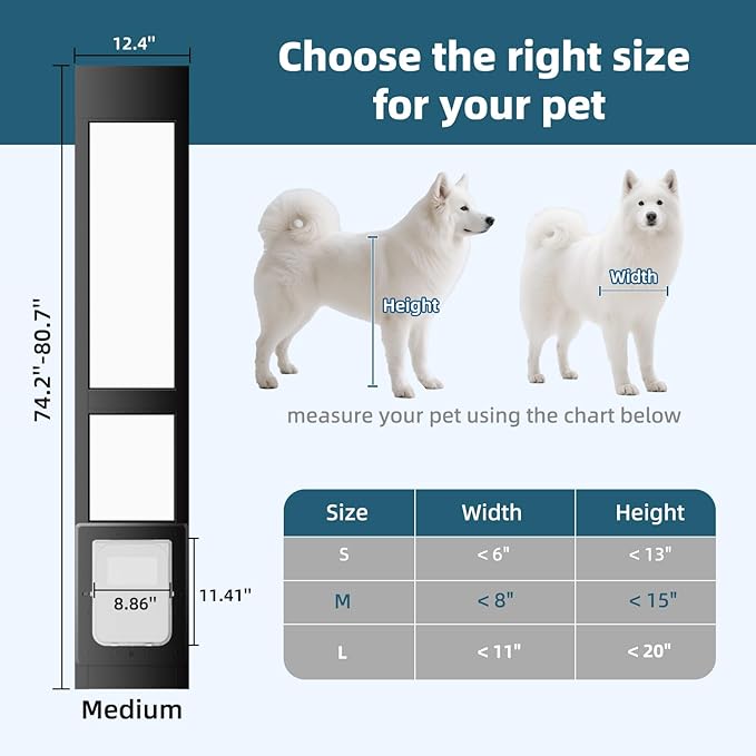 Dog Door for Sliding Glass Door, Magnetic Plastic Flap, Adjustable Height, No-Cut Insert with Lock, Ideal for Renters, Apartments, Patio Black M