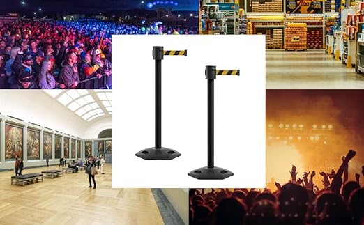 Montour Line MSR760 Set of 2 Retractable Belt Barrier Stanchion, Rubber Base, Black Powder Coated Post (35 ft Dark Blue Belt)