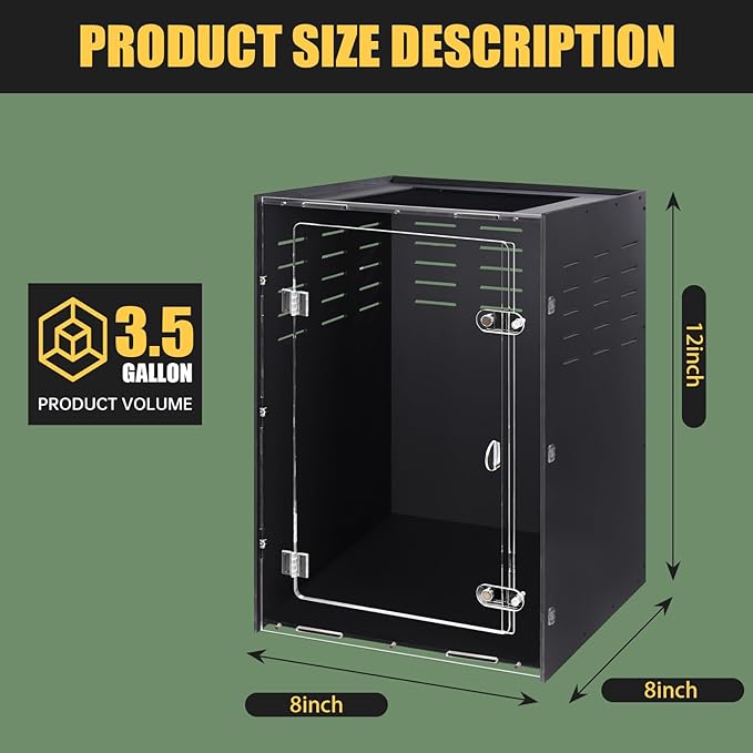 Reptile Tank 8x8x12 Terrarium – PVC Reptile Enclosure, Lizard Tank, Crested Gecko Tank for Small Reptiles & Invertebrates
