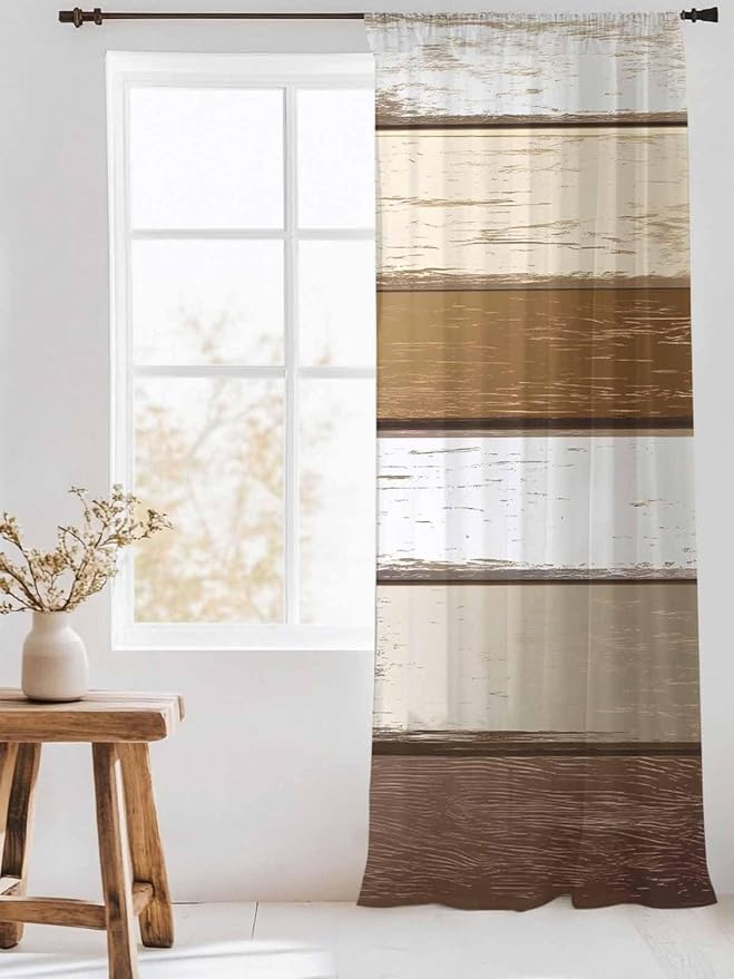 Sheer Curtains 84 Inches Long, Vintage Geometric Brown Semi Sheer Curtains