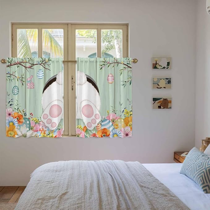 Easter Kitchen Tier Curtains 45 Inch Long 2 Panel Set, Rod Pocket Short Window