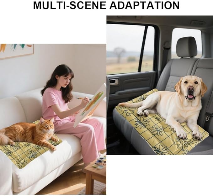 Grid Floral Yellow Vintage Dog Bed Furniture Mattress for Dog Bed Pad Washable Crate Washable Non-Slip Puppy Crate for Kennel Mats Crates Pillows Medium Dogs Indoor Outdoor 36X24 Inch
