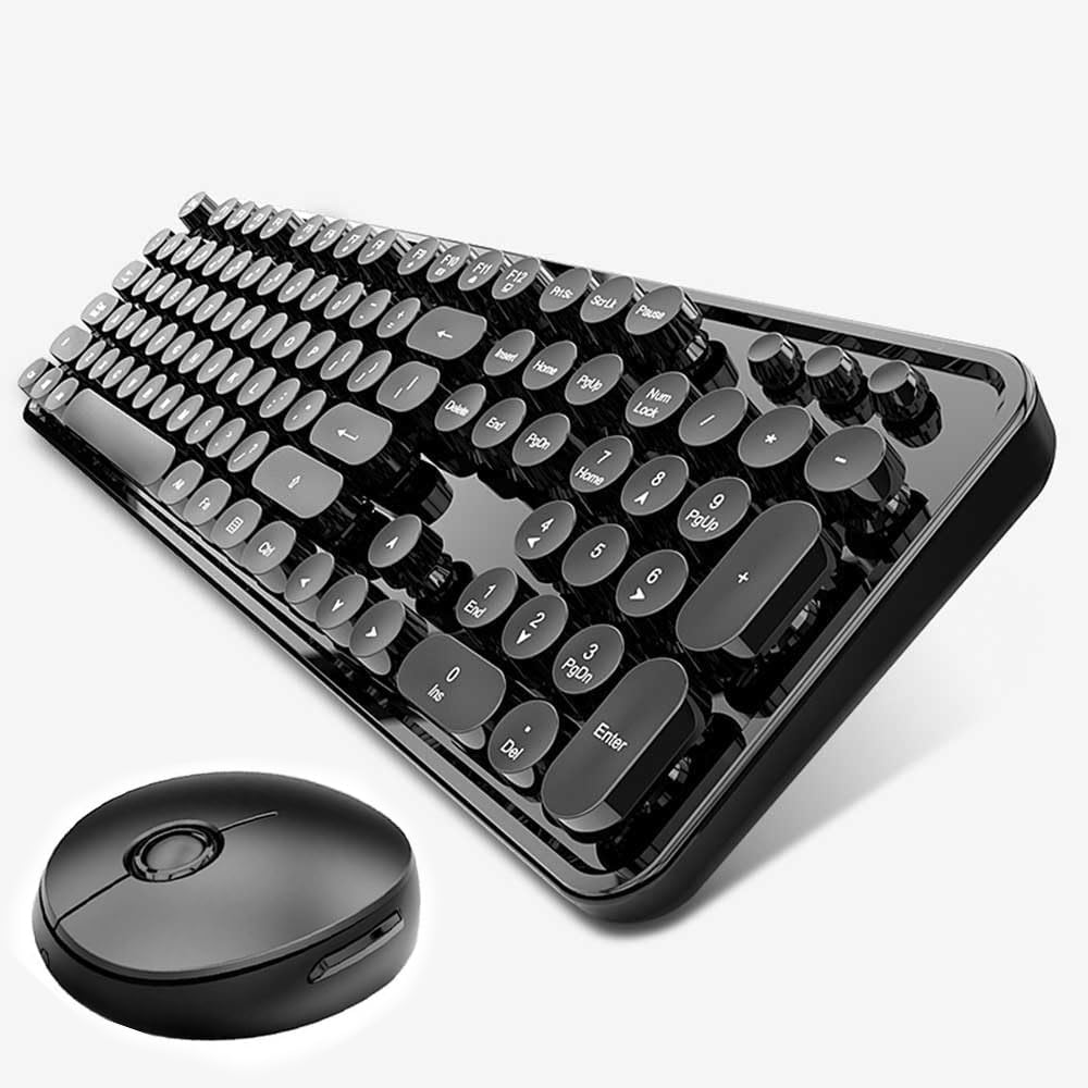 Wireless Keyboard and Mouse Combo, Retro Style Keyboard with Round Keycaps, 2.4GHz Dropout-Free Connection Mouse with 3 Adjustable DPI for Windows Notebook PC (Black)