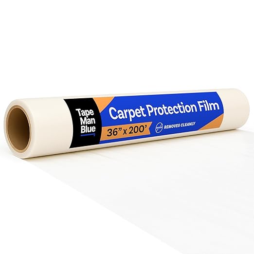 TapeManBlue Carpet Protection Film 36" x 200' roll. Made in The USA. Easy Unwind, Clean Removal, Strongest and Most Durable Plastic Carpet Protector. Clear, Self-Adhesive Surface Protective Film.