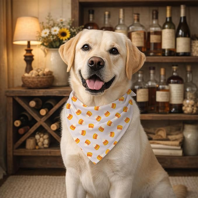 Candy Corn Dog Bandana, Funny Food Pattern Pet Kerchief, Candy Corn Print Adjustable Triangle Dogs Scarf, Comfortable Dog Bandana for Small Medium Dogs