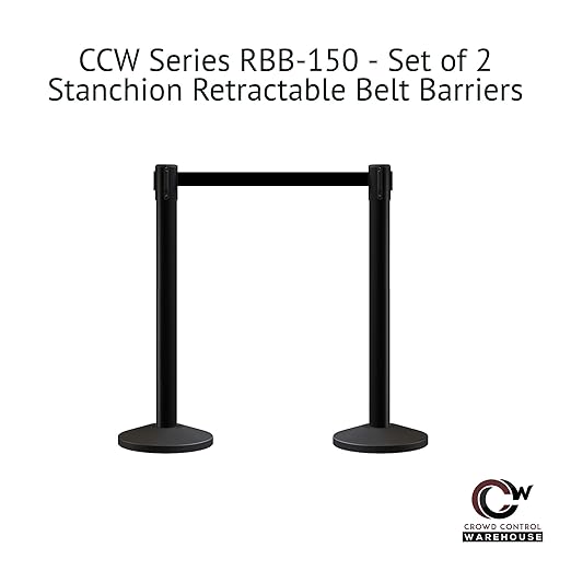 Crowd Control Warehouse CCW Series RBB-150 - Set of 2 Stanchion Retractable Belt Barriers - 16 Foot, Black & Yellow Diagonal Belt with Black Steel Post - Easy Assembly