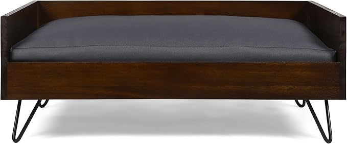 Christopher Knight Home Mid-Century Modern Pet Bed, Brown Acacia Wood Frame with Gray Cushion, Hairpin Legs, 29.5x17.75x11 Inches