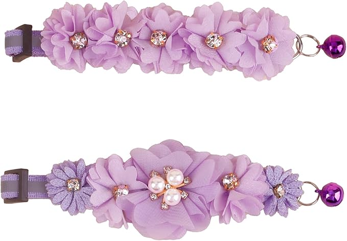 2 Pack Cat Collar Pink Floral with Bell and Removable Flower Bowtie Breakaway Adjustable Cat Collar for Girl Kitten Puppy Small Cats Dogs Daily Decoration (XQ102-4)