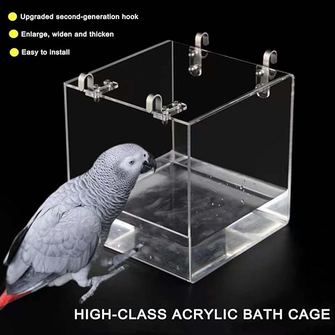 Hanging Cube Bird Bath Cage, Transparent Bird Bathtub Bath Shower with Stainless Steel Hooks for Small Bird Canary Parakeet Budgerigar Parrots Crested Myna Cockatiel Lovebird (Small)