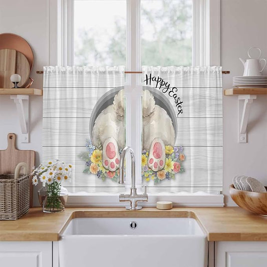 Easter Bunny Kitchen Tier Curtains 45 Inch Long 2 Panel Set, Rod Pocket Short