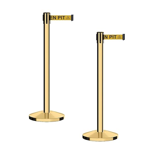CCW Series RBB-100 - Set of 2 Stanchion Retractable Belt Barriers (11 Foot Belt, Yellow with"Beware Open Pit" Black Letters Belt with Polished Brass Post)