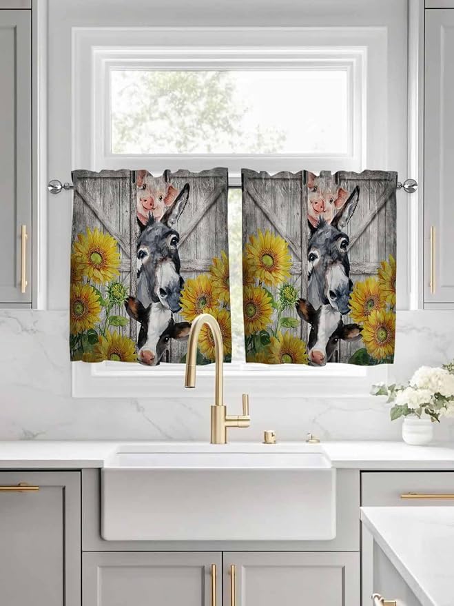 Farmhouse Half Window Curtain 36 Inches Long, Vintage Sunflowers Animals