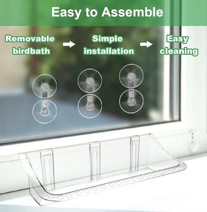 Clear Window Mounted Bird Feeder Bath with Strong Suction Cups for Outside, Transparent Glass Birdfeeder Birdbath for Cats, Kids, Elderly Viewing, 2 Pack