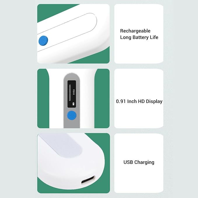 Pssopp Pet Microchip Scanner, Bluetooth Animal Tag Reader with 128 Data Storage and OLED Display for Dogs Cats Pigs Chickens Ducks Cattle Sheep (White)