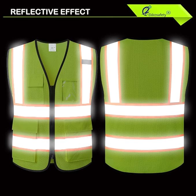Reflective Mesh Safety Vest for Men Women with 5 Pockets and Zipper Front High Visibility Mesh Vest Hi Vis Construction Work Vest,Meets ANSI/ISEA Standards(EK175-Yellow-5XL)