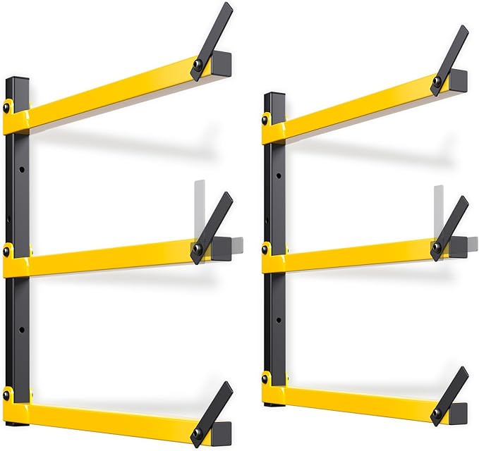 GREENER Lumber Storage Rack Folding Wood Storage Racks Wall-Mounted Metal Racks for Storage with 3-Level Heavy Duty Garage Wood Organizer for Woodworking Shop Indoor & Outdoor Use, 2 pairs,Yellow