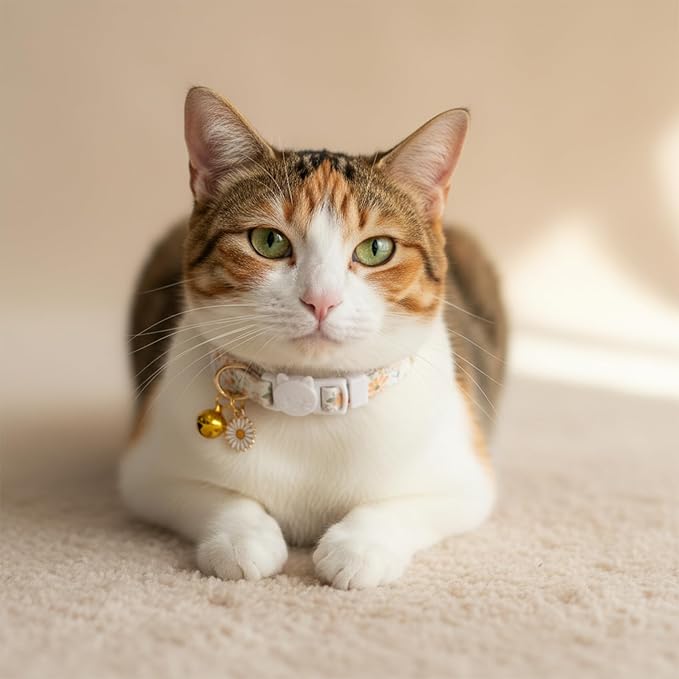 2 Pack Cotton Breakaway Cat Collars with Bell and Daisy Charm - Cute Kitten Cat Collar for Girl Cats and Boys, Adjustable Size 7.5-11 Inch