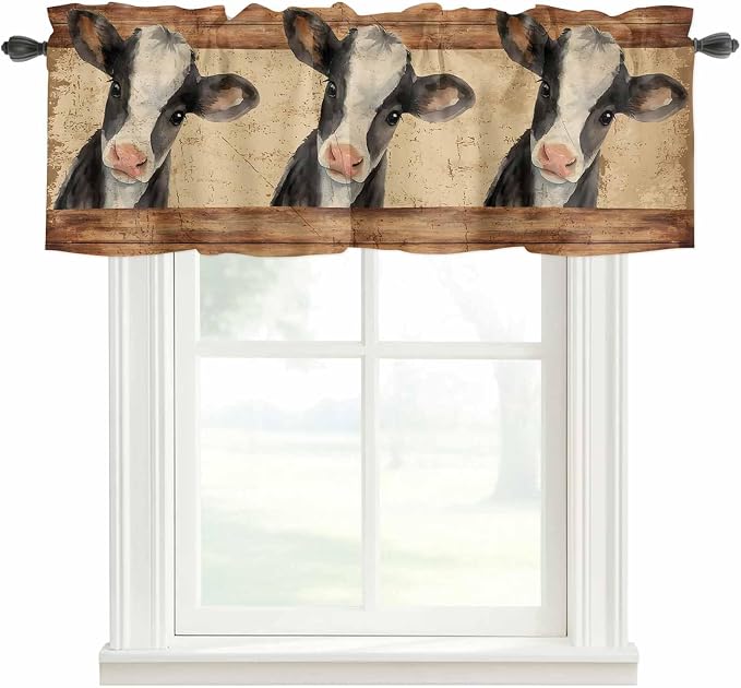 Farmhouse Cow Curtain Valances for Windows, Kitchen Valance Window Treatment