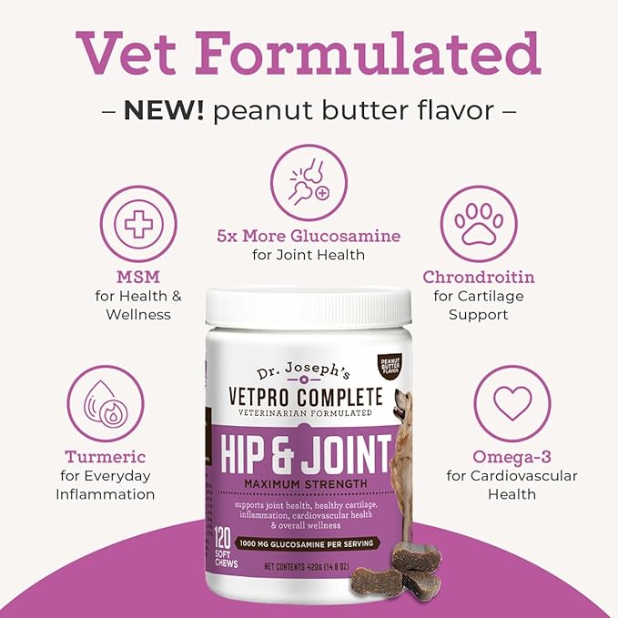 Dr. Joseph's VetPro Complete Peanut Butter Hip and Joint Dog Chews, 120 Count, Pain and Inflammation Relief with Glucosamine, Chondroitin, MSM, Turmeric, Vitamin C, Omega 3, Treats Hip Dysplasia