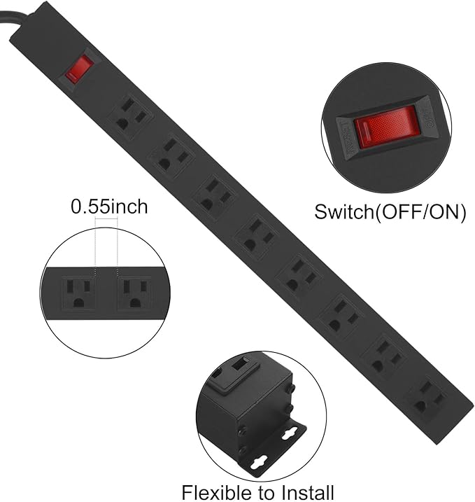 2Pack Metal 8 Outlet Mountable Power Strip, Wall Mount Outlet Heavy Duty, Wide Spaced Commercial Shop Power Strip with Switch, 6 FT SJT 14AWG Power Cord.