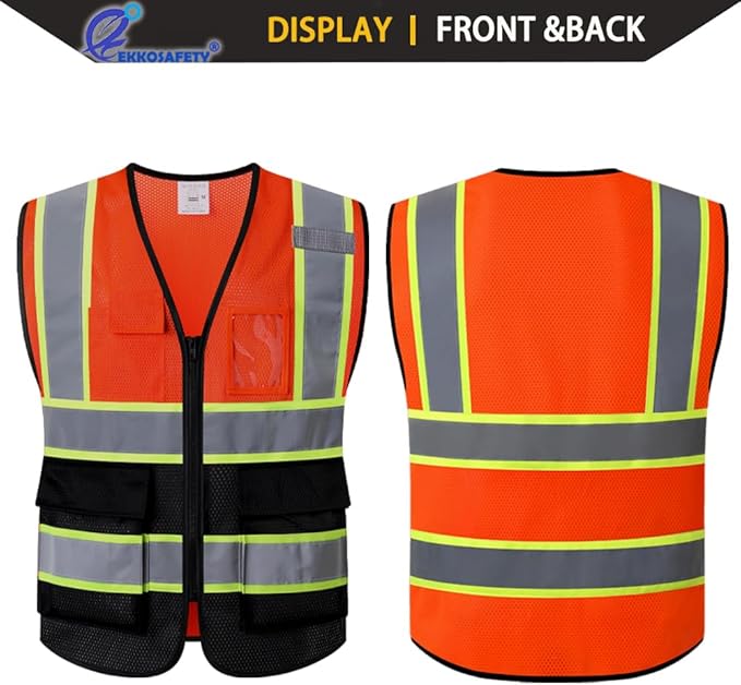 Reflective Mesh Safety Vest for Men Women with 5 Pockets and Zipper Front High Visibility Mesh Vest Hi Vis Construction Work Vest,Meets ANSI/ISEA Standards(EK175-Orangeblack-3XL)