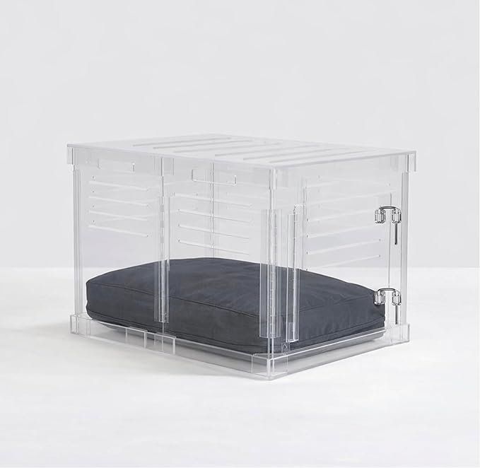 Clear Acrylic Medium Dog Crate Furniture with Charcoal Cushion for Medium Dogs up to 40 lbs, 3 in 1 Pet Crate and Gate, Modern Furniture Style Indoor Kennel, Dual Silver Latch, 20 x 30 x 22 in