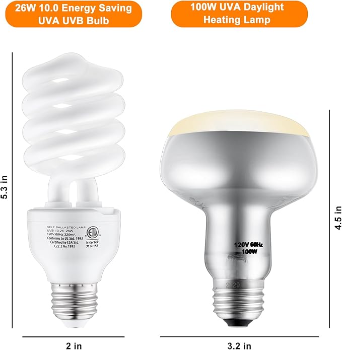 DXOPHIEX 100W Reptile Heat Lamp and 26W 10.0 UVB Bulb Combo Pack, UVA Basking Bulb and UVB Light for Reptiles, Basking Light for Bearded Dragon, Turtles, Snake and Lizard