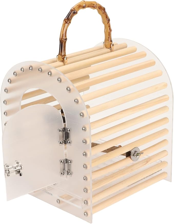 Zerodis Portable Bird Cage, Small Transparent Travel Bird Carrier with Delicate Carrying Handle Grip Wooden Acrylic Stainless Steel Material Birdcage with Lock