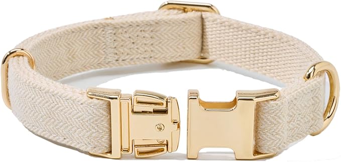 Soft Cotton Hemp Dog Collar with Metal Buckle Adjustable Tweed Dog Collars for Small Medium Large Dogs(Beige,Small)