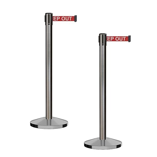 CCW Series RBB-100 - Set of 2 Stanchion Retractable Belt Barriers (9 Foot Belt, Red with"Danger - Keep Out" White Letters Belt with Satin Stainless Steel Post)
