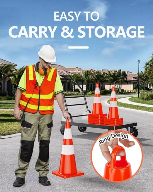 BATTIFE 28 Inch Traffic Safety Cones 6 pcs with Reflective Collars, PVC Orange Construction Cones for Home Road Parking Use