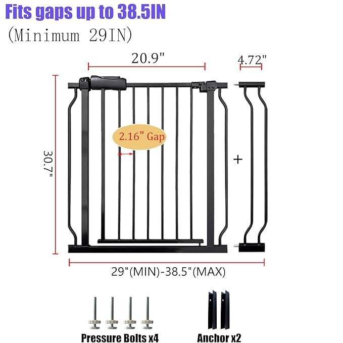 Walk Through Baby Gate 29-38.5 Inch Wide Openings Large Baby Gate for Stairs Tension Pet Dog Gates Indoor for Doorways No Drilling Pressure Mounted Pet Gates for Kids