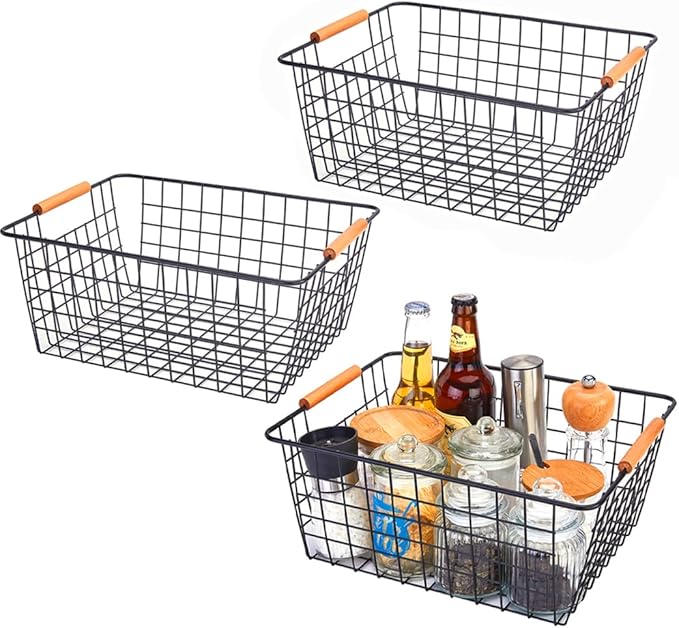 LeleCAT Large black wire baskets with Wooden Handles for storage pantry, Storage Organizer Baskets, Household Refrigerator for Cabinets, Closets, Bedrooms, kitchen - Set of 3 Black