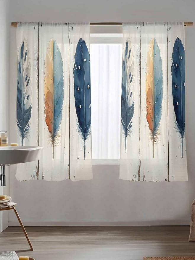 Sheer Curtains 63 Inch Length, Boho Ombre Vintage Wooden Grain Privacy Voile