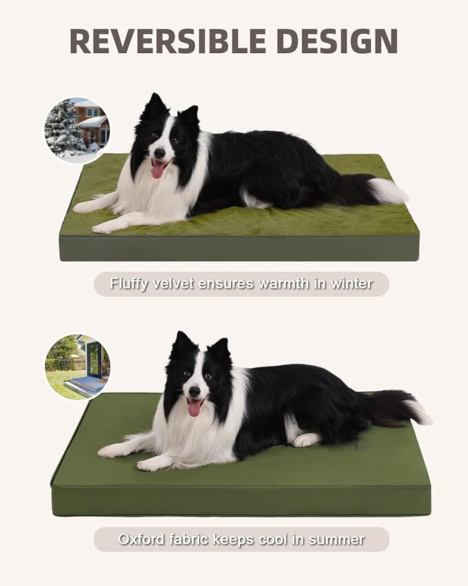 KSIIA Orthopedic Dog Bed Crate Waterproof Pet Mats for Extra Large Dogs Deluxe Plush Washable Pet Bed with Egg Crate Foam & Removable Cover, 47 x 29 Inch, Green