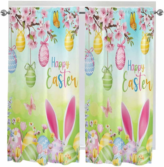 Easter Bedroom Curtains 63 Inches length, Spring Bunny Colorful Rabbit Eggs