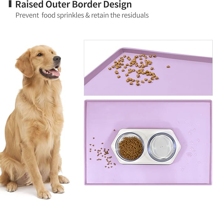 Dog Food Mat,Silicone Waterproof Food Tray,Non Slip Pet Bowl Mats Placemat,0.6" Raised Edge,Suitable for Most Small and Medium Sized Pets,18.5" x 11.5"
