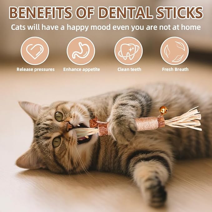 Natural Dried Matatabi Cat Chew Stick with Gall Fruit, Raffia Grass & Bell Cat Ball Toys, Handmade Silvervine Sticks Interactive Catnip Toys for Teething & Entertainment (Size M Color D)