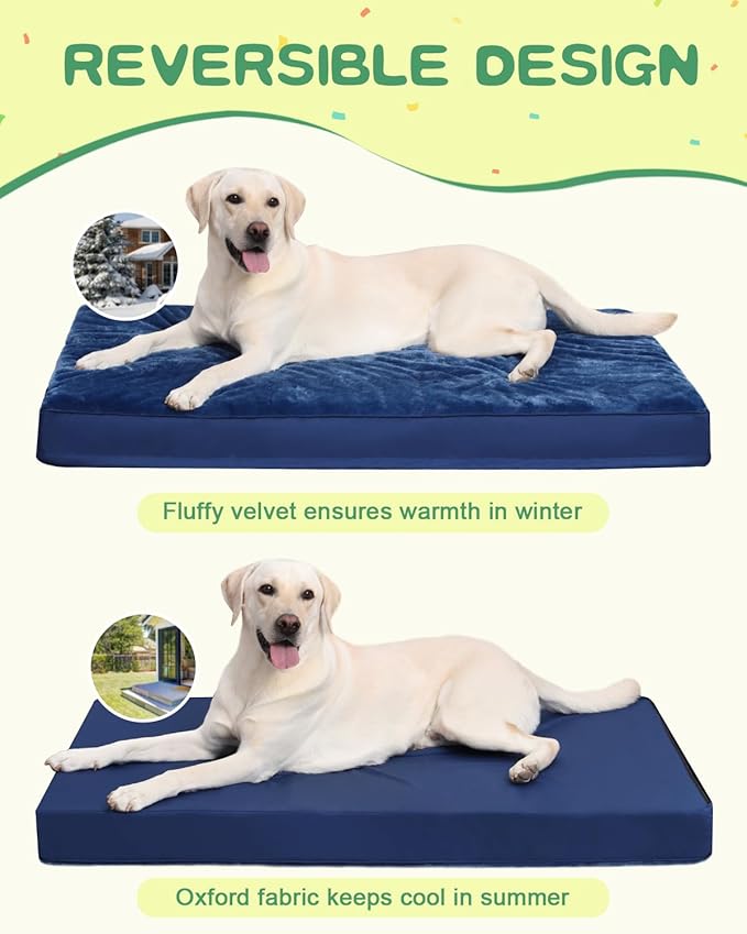 KSIIA Orthopedic Dog Crate Bed Waterproof Dog beds for Extra Large Dogs Deluxe Plush Washable Pet Mat with Egg Crate Foam & Removable Cover, 47 x 29 Inch, Blue