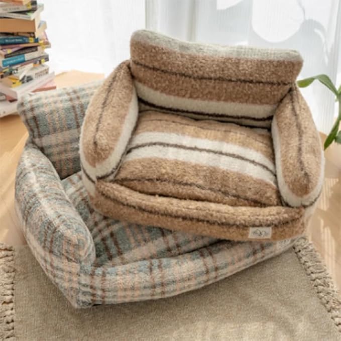 Lazy Holiday Plush Cozy Dog & Cat Sofa Bed, Teddy Velvet Dog Bed, Trendy Striped Faux Lambswool Double Layer Dog & Cat Sofa Bed Dogs Sleeping Mat for Medium Small Dogs & Cats (A-1,L)