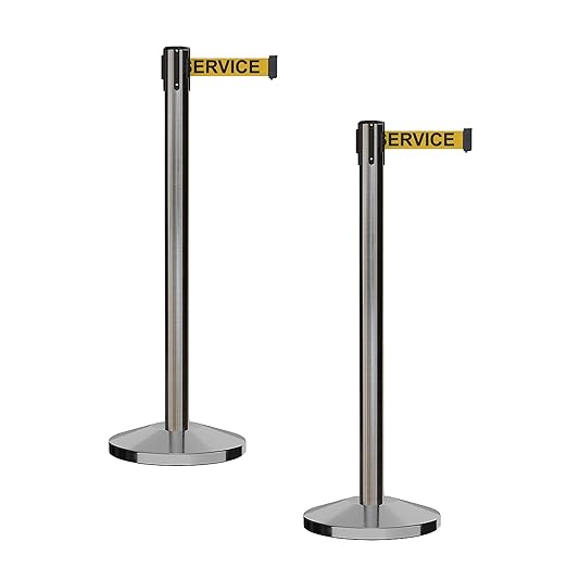 CCW Series RBB-100 - Set of 2 Stanchion Retractable Belt Barriers (9 Foot Belt, Yellow with"Out of Service" Black Letters Belt with Satin Stainless Steel Post)