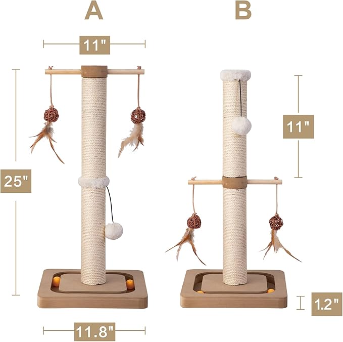 PEEKAB Cat Scratching Post Sisal Scratch Posts for Indoor Kittens and Cats,with Interactive Tracking Toys Suitable for Vertical Scratcher of Small and Medium-Sized Cats 25 Inches Beige