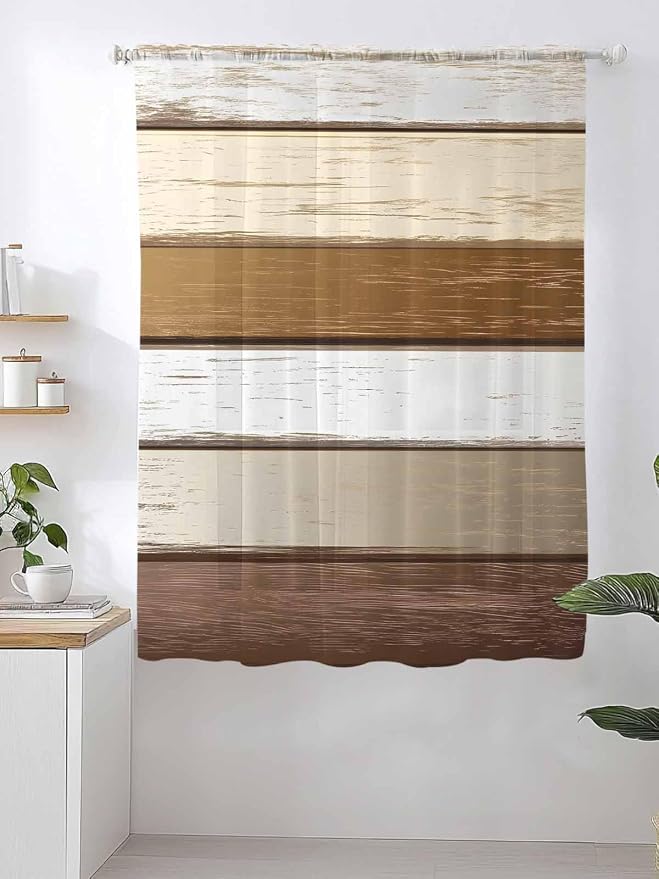 Sheer Curtains 72 Inches Long, Vintage Geometric Brown Semi Sheer Curtains