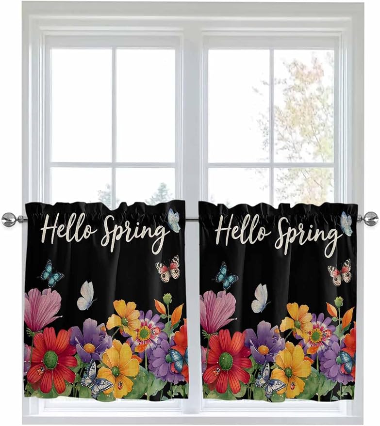 Spring Flowers Half Window Curtains 24 Inches Long, Watercolor Country Colorful