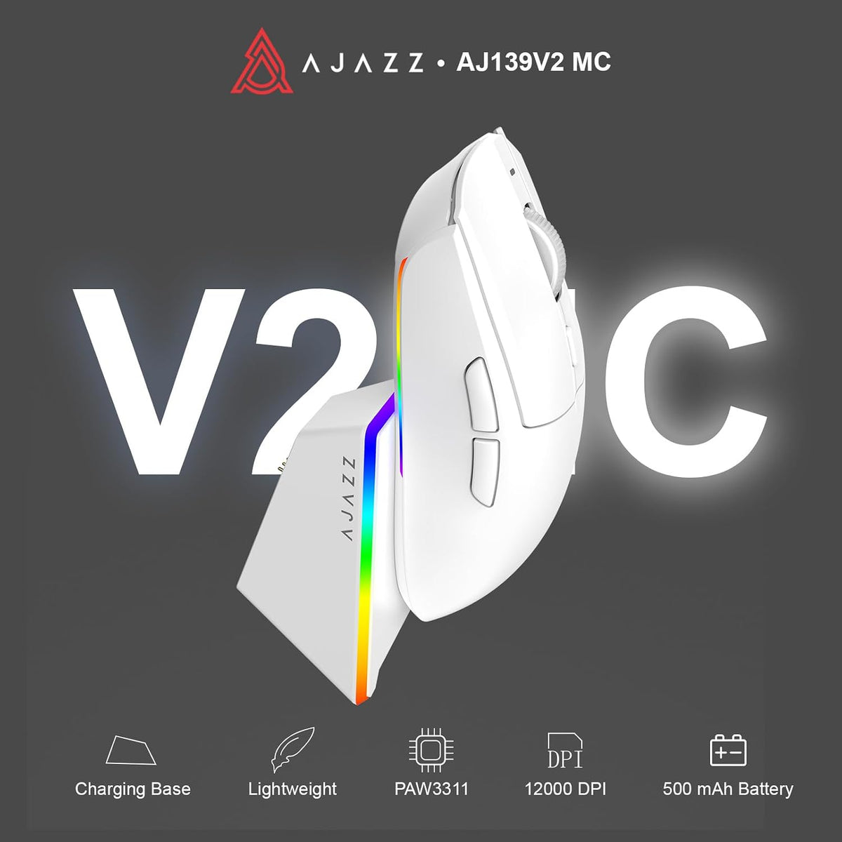 AJAZZ AJ139 V2 MC Wireless Gaming Mouse with RGB Charging Dock, 66g Ultra-Lightweight Tri-Mode Optical Mouse, 24000 DPI PAW3311 Sensor, Ergonomic Rechargeable Gaming Mouse for PC/Mac - White